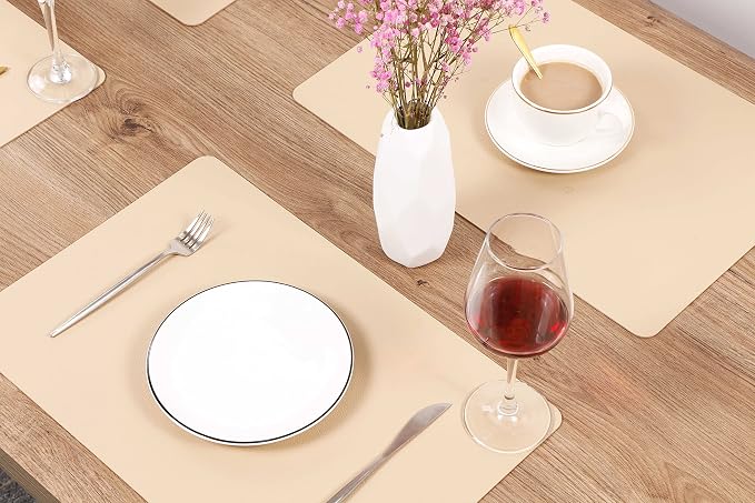 Wipeable Placemats Leather Table Mats Waterproof Heat-Resistant Easy to Clean for Dining Table Set Kitchen Table (6, Buff)