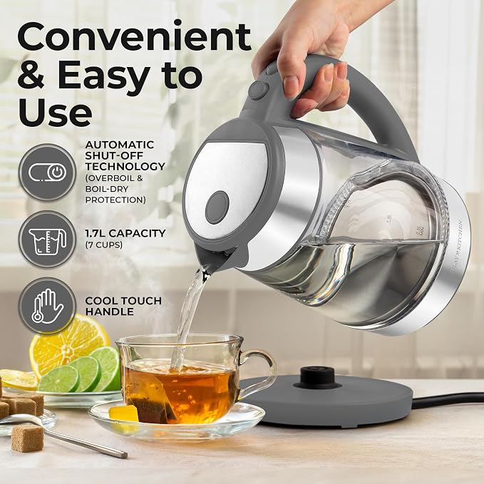 Zulay Kitchen Fast Boiling Electric Water Kettle - 1.7L, 1500W, Auto Shut-Off for Overboil & Boil Dry Protection, Cool-Touch Handle, 360° Base - Rapid Teapot Boiler For Coffee & Tea - Gray