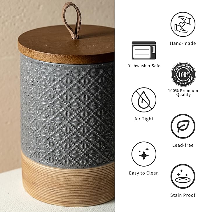 Miamolo Kitchen Canisters for Countertop, Small Coffee Jar, Gray & 5 fl.oz | Ceramic Coffee Container with Lid for Pantry | Airtight Seal for Tea, Sugar Coffee Beans | Decorative Coffee Bar Accessories