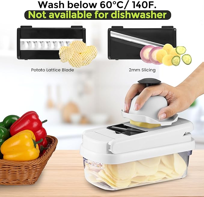 Yusshn Vegetable Chopper, 12-in-1 Food Veggie Chopper Cutter with Container | 7 Sharp Blades Dice, Slice, Shred and Grate for Salads, Onions and Meal Prep, with a Non-Slip Base and Drain Basket