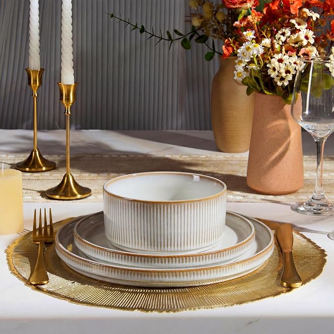 E-far Stoneware Dinnerware Sets for 2, 6-Piece Plates and Bowls Sets, Beige | Plate Set for 2, Chip & Scratch Resistant Ribbed Dish Set for Home Restaurant, Microwave & Dishwasher Safe, Creamy Beige