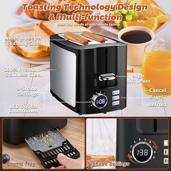 Toaster 2 Slice Wide Slot Toaster Best Rated Prime Display Smart Toasters with LCD Digital Countdown Timer and Bagel/Defrost/Cancel/Reheat Function