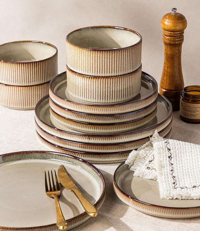 GBHOME Stoneware Dinnerware Sets for 4, 12 Pieces Plates and Bowls Set | Lightweight Ceramic Ribbed Dishes, Reactive Glaze Stackable Plate Set, Scratch Resistant, Microwave & Dishwasher Safe