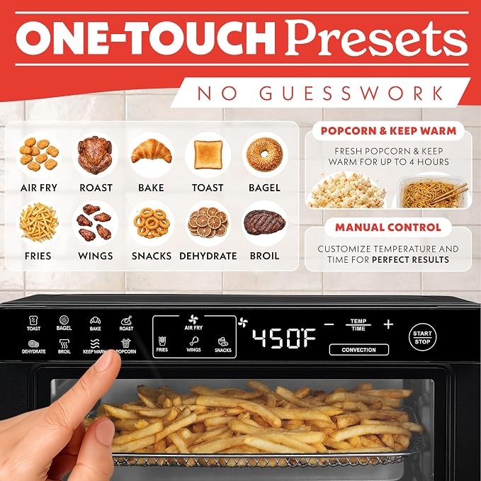 Gourmia Toaster Oven Air Fryer - 4 Slice Capacity, Single Door, Digital Display, Air Fry, Toast & Dehydrate, Convection Cooking, Fits 8” Pizza, 3 Rack Positions, Dishwasher-Safe Trays, Black