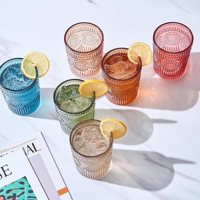 Beautiful Colored Tumbler Drinking Glasses | Set of 6 | Crystal, 10oz - Vintage Drinking Cup, Luxury Multi Color Glassware Gift Set Her, Wife & Mom, Him - Colorful Drinkware for Water, Wine, Cocktail