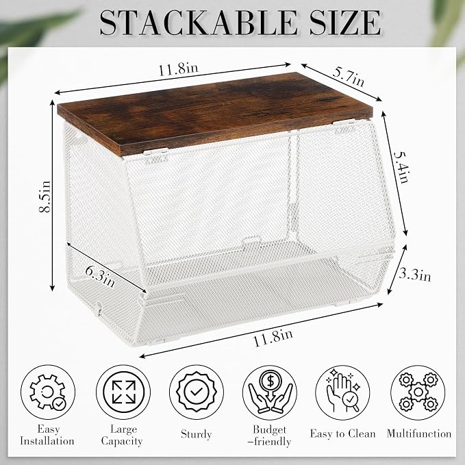 Teenyyou 2 Pcs Stackable Mesh Fruit Basket with Lid Wall Produce Vegetable Storage Basket Onion Potato Hanging Metal Wire Container for Kitchen Counter Pantry(Non-removable,White,7.1" w & 11.8" l)