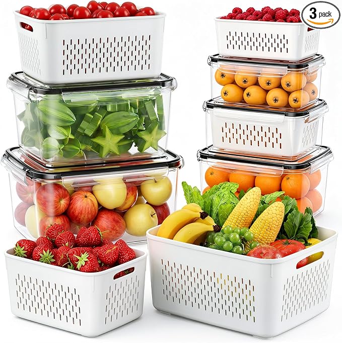JSCARES Fruit Storage Containers for Fridge - 5 Pack Produce Storage Containers with Removable Colander, Food Organization Keep Fruits Berry Veggie Salad Meat Fresh Longer, Dishwasher Safe