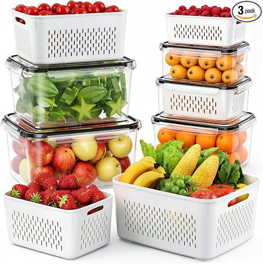 JSCARES Fruit Storage Containers for Fridge - 5 Pack Produce Storage Containers with Removable Colander, Food Organization Keep Fruits Berry Veggie Salad Meat Fresh Longer, Dishwasher Safe