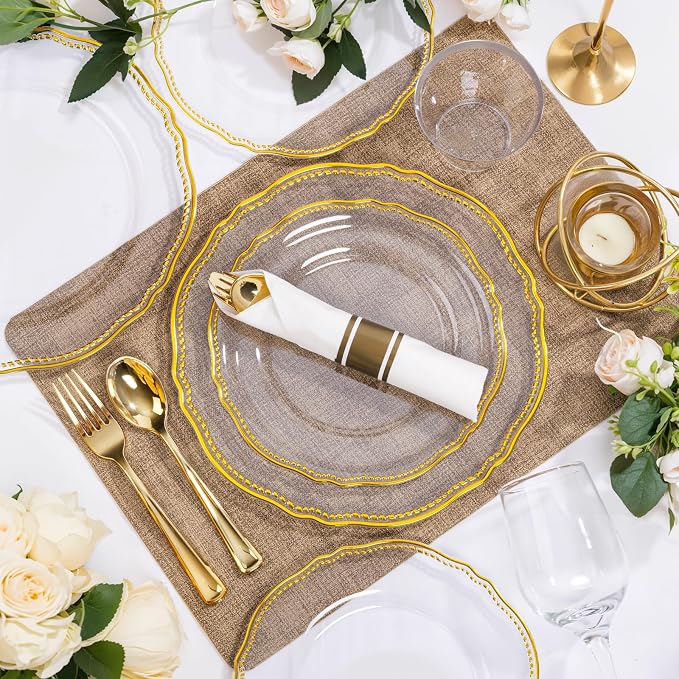 350 Pcs Clear Gold Plastic Plates for Wedding & Party | Gold Plastic Dinnerware Set Includes 50 Dinner Plates, 50 Dessert Dinnerware, 50 Cups, 50 Rolled Napkin Cutlery Perfect