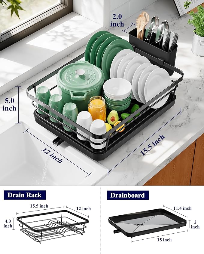Kitsure Dish Drying Rack for Kitchen Counter, 12''W x 15.5''L, Black | Stainless Steel Sink Organization, Cutlery Holder, Home and Appartment Decor