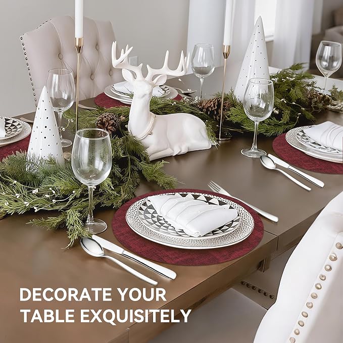 13" Round Placemats Set of 6, Reversible Faux Leather Wipeable Table Mats | 2mm Vinyl Heat Resistant, Waterproof Oilproof Scratch Proof Non-Slip, Washable for Kitchen Dining Indoor Outdoor (Burgundy)