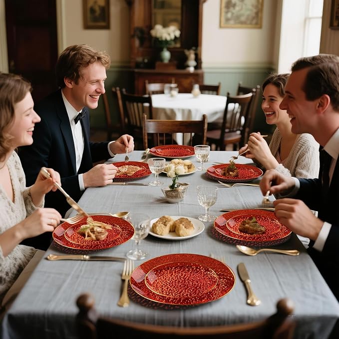 DaYammi 175PCS Clear Red Plastic Dinnerware Set, Hammered Disposable Plates for Mother's Day Party, Include: 25 Dinner Plates 25 Dessert Plates 75 Gold Silverware 25 Napkins 25 Cups for Wedding
