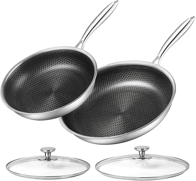 Innerwell Non Stick Frying Pans, Stainless Steel Pan Set with Lid | Honeycomb nonstick coating, PFOA-free. Cool-touch handles. Compatible with All Stoves. Oven Safe&Dishwasher safe.