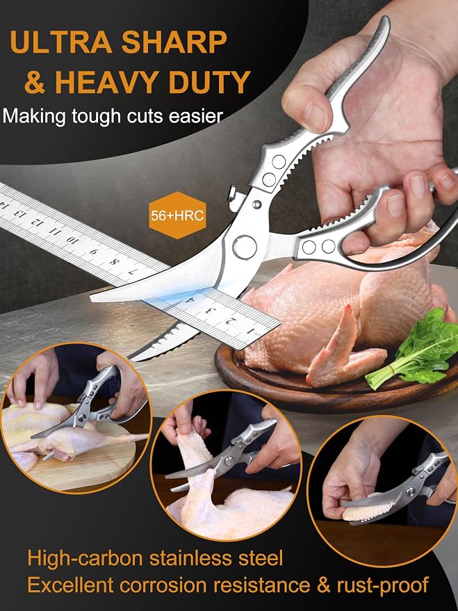2 Pack Kitchen Shears, Heavy Duty Poultry Shears with Non-Slip Handle & Safety Lock, Spring Loaded, All Purpose Kitchen Scissors for Food, Meat Cutting, Chicken, Fish, Vegetables