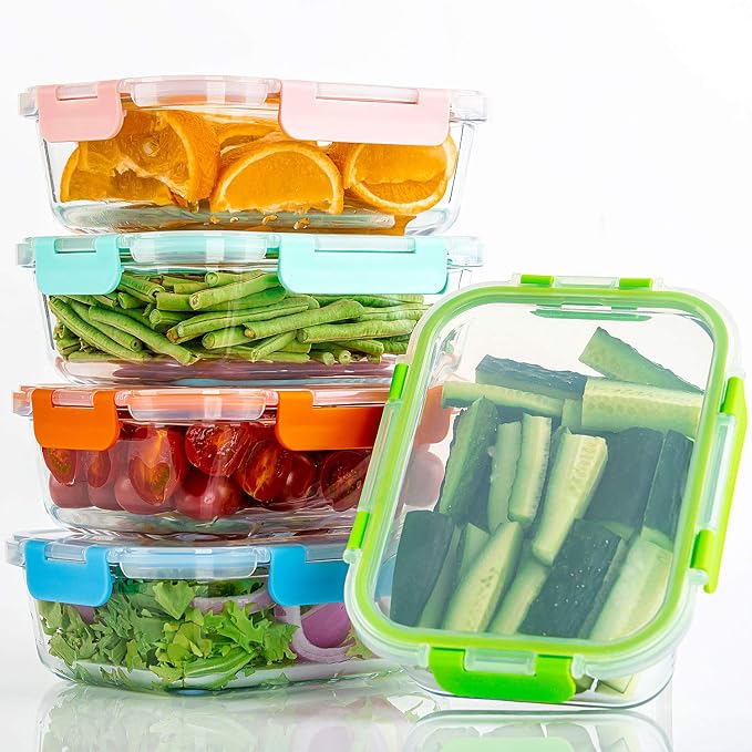 C CREST [10-Pack Glass Food Storage Containers (A Set of Five Colors), Meal Prep Containers with Lids for Kitchen, Home Use - Airtight Glass Lunch Boxes
