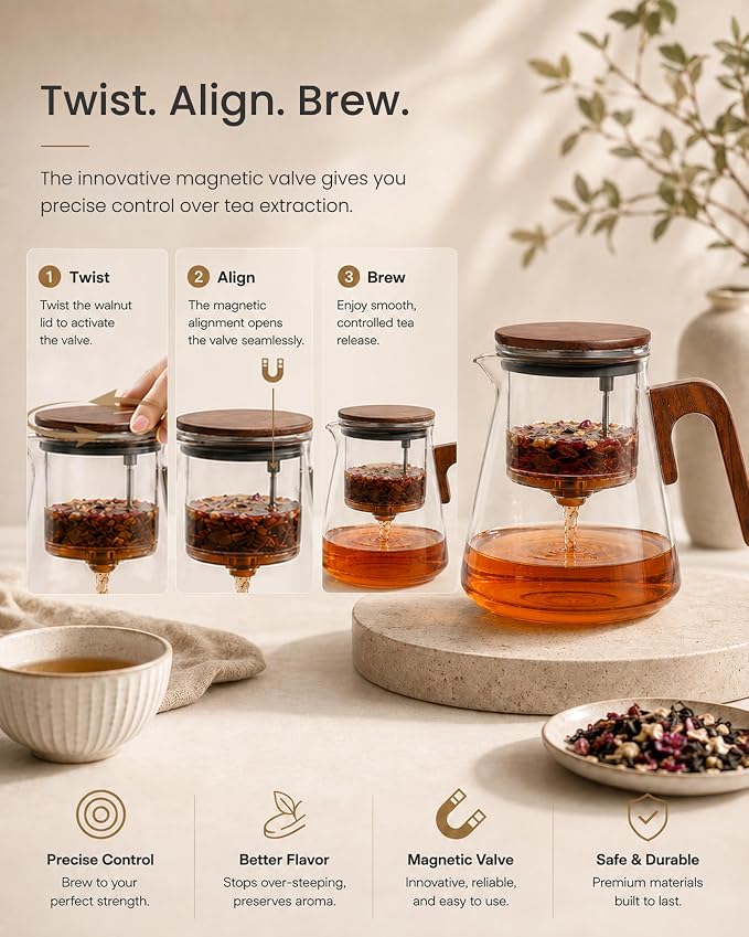 ZENS Magnetic Glass Infuser Teapot for Loose Tea, 27oz Walnut Wood Handle | Magic Teapot with Infuser, Echanted Tea Maker, Mess-Free Loose Leaf Tea Diffusers for Tea lover Gifts