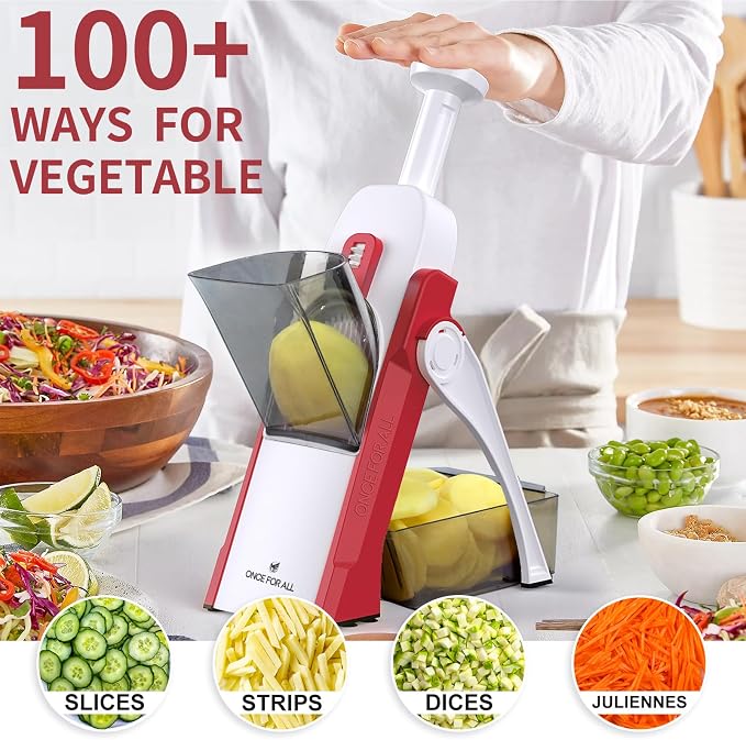 ONCE FOR ALL Safe Mandoline Slicer 5 in 1 Vegetable Cutter, Strips Julienne Dicer Adjustable Thickness 0.1-8 mm for Kitench Fast Meal Prep (Red) | Adjustable Thickness, Potato Slicer Veggie Chopper, Strips Julienne Dicer, French Fry Cutter, Dishwasher ...