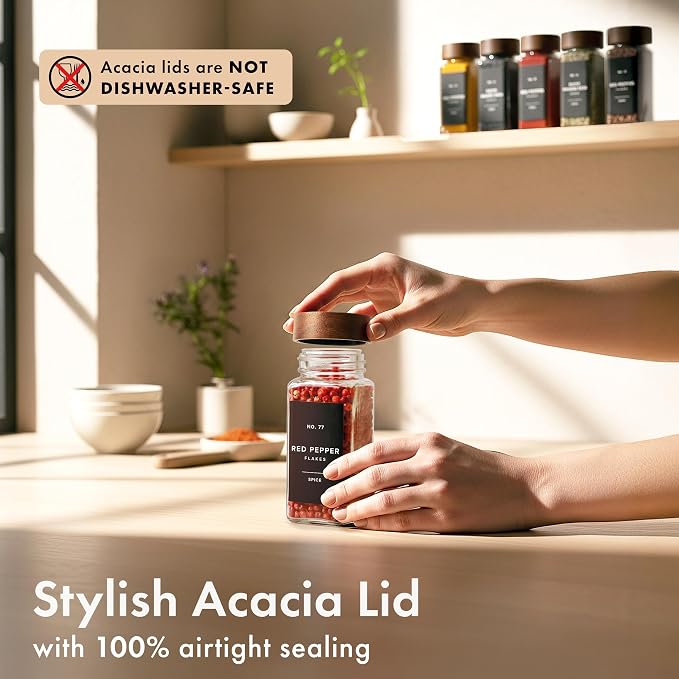 Glass Spice Jars with Label, 24x Acacia Wooden Lids - Black Labels | Airtight Lids keep spices fresh, Kitchen Spice Drawer Organizer, 4oz Seasoning Containers incl. Funnel, Brush & 240 Labels