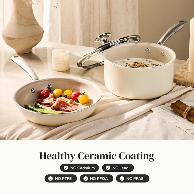 Redchef Nonstick Mini Cookware Set, 8"Ceramic Fry Pan 2.5Qt Sauce Pan with Lid, Fryingpan & Pots Set, Induction Compatible, Nontoxic, Oven Dishwasher Safe, PTFE & PFOA Free, Beige