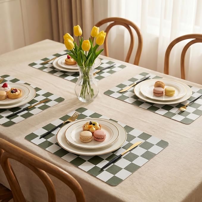 Set of 6 Checkerboard Non-Slip Washable Placemats for Dining Table | Waterproof & Heat-Resistant Faux Leather Mats | Easy Wipe Clean Tablemats for Indoor Dining, 17’’×12’’, Olive Green