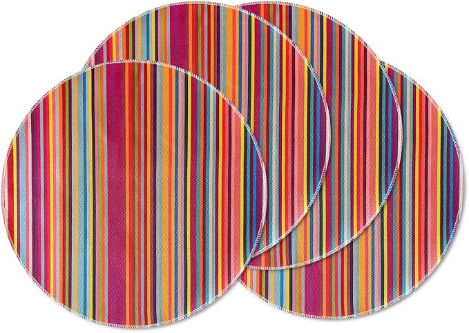 Bright Colorful Striped Round Placemats Set of 4, 15 Inch Mexican Rainbow Colored Geometric Pattern Table Mats for Holiday Party Kitchen Dining Room Decoration