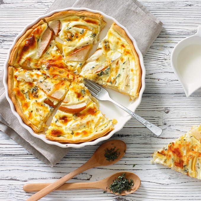 DELLING 9.5 Inch Ceramic Tart Pan Set of 2 - Porcelain Quiche Baking Dish with Fluted Edge, Round Pie Pan for Chicken Pot Pie, Cheesecake, Creme Brulee - White Oven Safe Bakeware