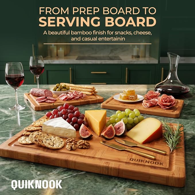 Pack of 3 Pre-Oiled Bamboo Cutting Board Set with Holder | Extra Thick End Grain Bamboo Wooden Cutting Board for kitchen with Deep Juice Grooves | Non Toxic Chopping Board Set with Build-in Handles