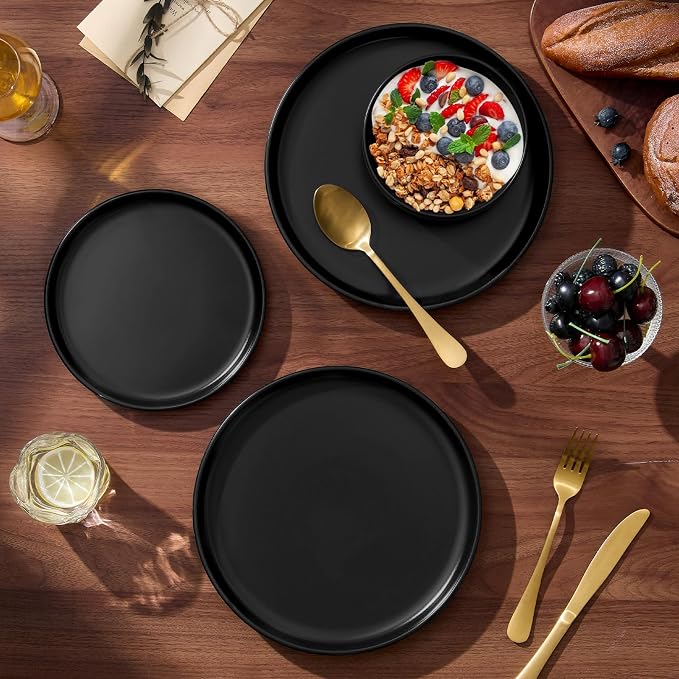E-far 6-Piece Stoneware Plates and Bowls Sets, Dinnerware Sets for 2, Ceramic Dishware Dishes Set with Terracotta Base, Chip & Scratch Resistant, Microwave & Dishwasher Safe, Matte Black
