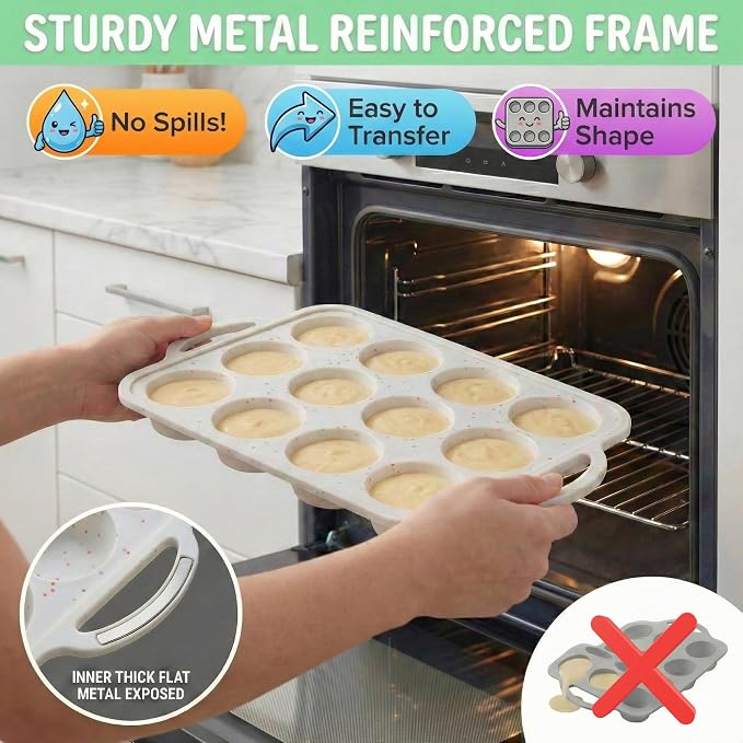 Silicone Muffin Pans, 2-Pack Regular 12 Cup, BPA-Free | Metal Reinforced Silicone Muffin Pans for Baking, Nonstick Silicone Cupcake Pan, Easy Release Surface, Dishwasher Safe