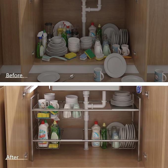 Under-Sink Organizer 2-Tier Expandable Cabinet Storage (5 panels 5baskets) | LED Motion-Sensing Auxiliary Lighting Dial Thermometer Stainless Steel Telescopic & Adjustable Rust-Resistant