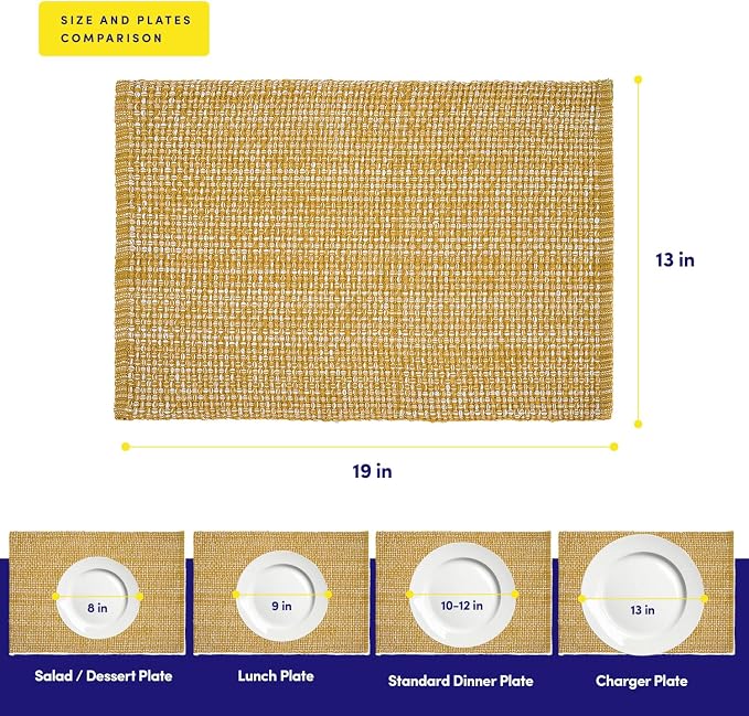 Sweet Home Collection 100% Cotton Placemats for Dining Room Rectangle Two Tone Woven Fabric 13" x 19" Soft Durable Table Mat Set, Set of 4, Gold