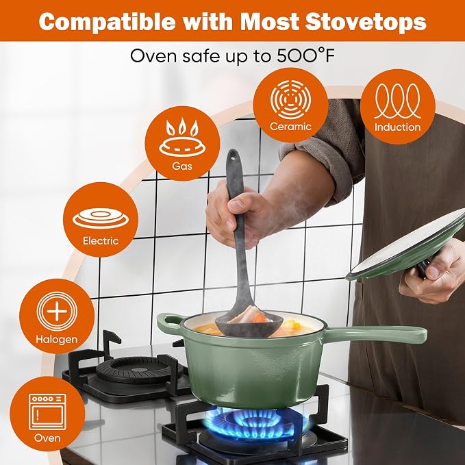 Homikit 1 QT & 2 QT Saucepan Set, Enameled Cast Iron Saucepan with Lid for All Cooktops, Small Pot Mini Dutch Oven for Kitchen Cooking, Boiling, Nonstick & Heavy Duty, Sage Green
