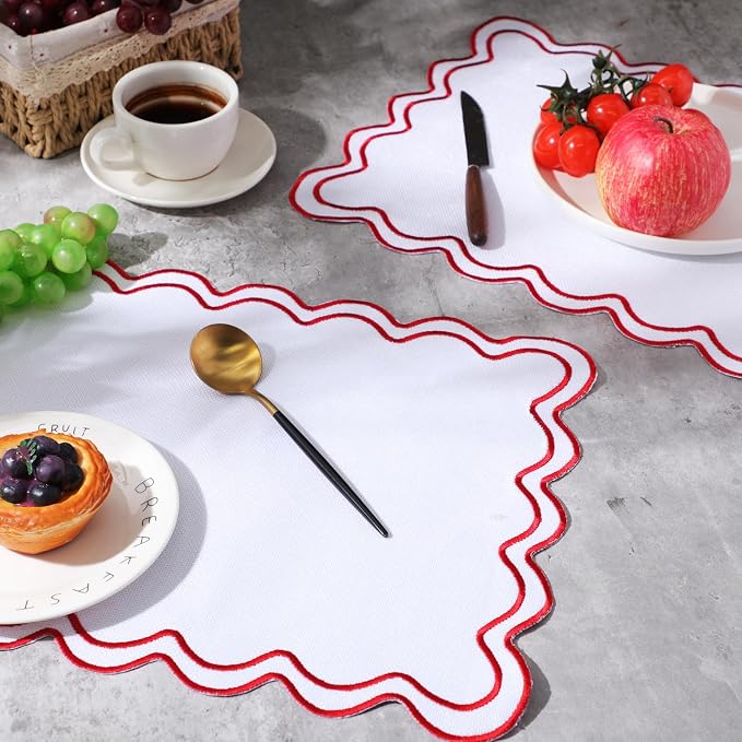 Linen Placemats Set of 12 Scalloped Placemat 13 X19 Wavy Embroidery Double Layered Washable Farmhouse Dinner Fabric Table Mat Napkin for Wedding Party Restaurant(Regular,White&red)