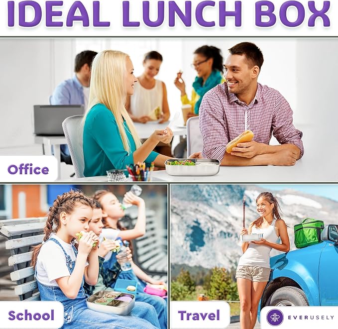 Stainless Steel Bento Box + Condiment Container - Lavender, 60oz / 1.8 L | Everusely extra large metal lunch box, leakproof sauce container, 3 compartment snack organizer, freezer & dishwasher safe