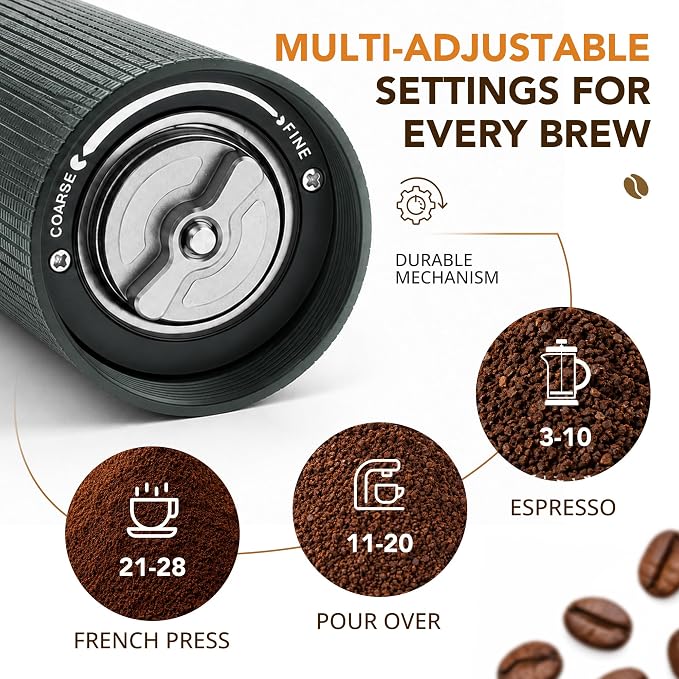 Portable Manual Coffee Grinder, Adjustable Stainless Steel Burr | Portable Aluminum Coffee Grinder with 28-Click Settings for Espresso, Pour Over and French Press