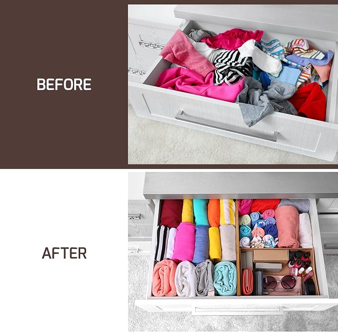 6-Pack Deep Drawer Dividers 4-Inch High Dresser Drawer Organizer, Bamboo | Adjustable 11.5-17 Inch Spring-Loaded Separators for Clothes, Utensils, Socks, Bedroom, Bathroom, Kitchen, Office, No Tools