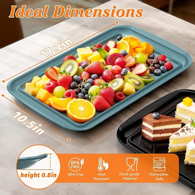 Grilling Prep & Serve Trays for Party Set of 2, Large BBQ Serving Platters | Dishwasher Safe Plastic Trays for Raw and Cooked Food 17"×10.5" Stackable Party Supplies for Grilling, Meal Prep, Green/Black