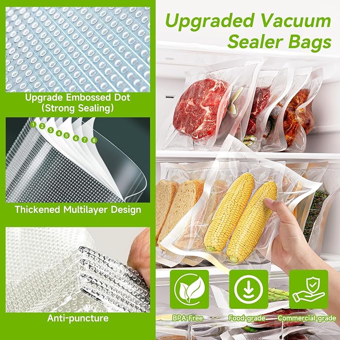 Vixino Vacuum Sealer Bags for Food, 8 Pack 4 Rolls 11" x 20' + 4 Rolls 8" x 20' Commercial Grade Vacuum Seal Bags Rolls, BPA Free, Customizable Size for Sous Vide, Freezer