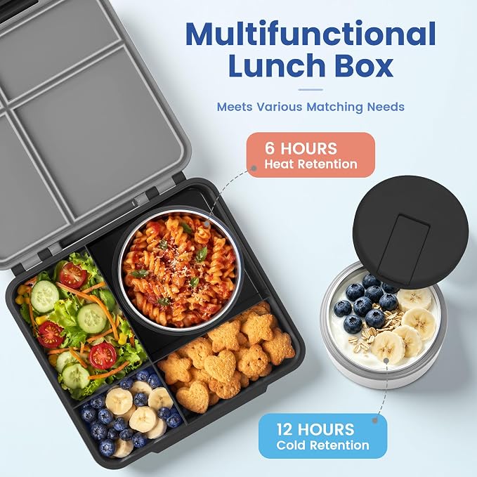 LOHASOK Bento Lunch Box for Kids with 8oz Soup Thermo, Black | 4-Compartment, Leak-Proof Lunch Containers with Insulated Food Jar and Silicone Foldable Spoon Fork