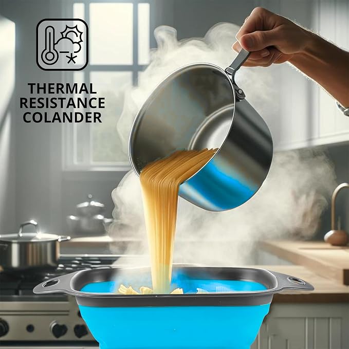 Square Collapsible Colander with Handles – Blue Square Silicone Kitchen Strainers with Plastic Handles Foldable Kitchen Strainer Perfect for Draining Pasta Vegetable and Fruit Blue