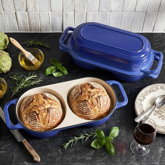 Double Dutch Oven Pot with Lid, 2.2QT Enameled Cast Iron Bread Loaf Pan, Mini Dutch Oven For Sourdough Bread Baking, 500°F Oven Safe Non Stick Dual Round Bread Pan, Bread Oven, 16.5cm Diameter, Blue