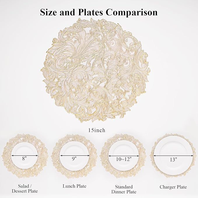Evevda Gold Placemats Set of 6 Hollow Out Vinyl Dinner Table Mats | Non Slip Washable Place Mats for Dining Tables Kitchen Wedding Party Restaurant Decor