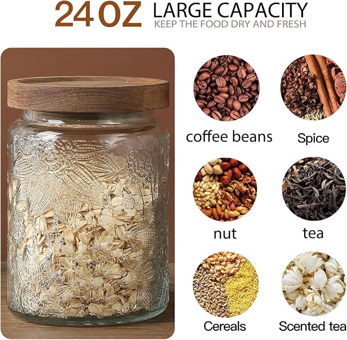 Vintage Glass Jar with Lid Airtight Candy Coffee Canister Food Storage Set | 24oz Decorative Container Set with Silicone-Sealed Bamboo Lid, Thick Glass BPA-Free, for Kitchen Stores Sugar Flour-6 Pack