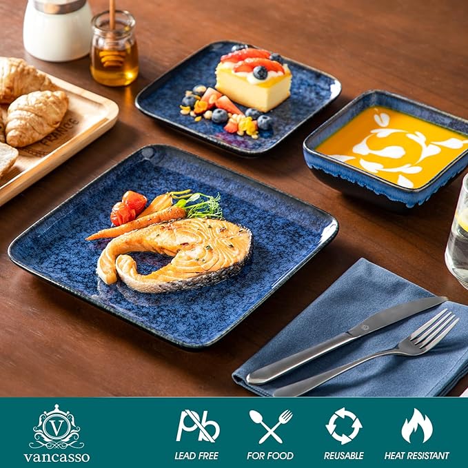 vancasso Stern Square Stoneware Dinnerware Set for 4, 12-Piece Dish Set | Blue Reactive Glaze Plates and Bowls Set, Chip and Scratch Resistant, Microwave & Dishwasher Safe