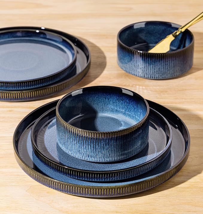 Ceramic Dinnerware Set for 8, 24-Piece Plates and Bowls Set | Lightweight Porcelain Dish Set, Scratch Resistant, Oven & Microwave & Dishwasher Safe, Starry Blue