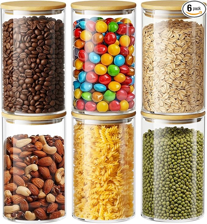OneDream 32oz Glass Jar with Lid, 6 Pack Coffee Storage Canister for Candy | Seal, BPA-Free, Bamboo Lid, Coffee Bar Accessories, for Coffee Beans, Creamer, Salt, Overnight Oats, Brown sugar, Candy, Tea