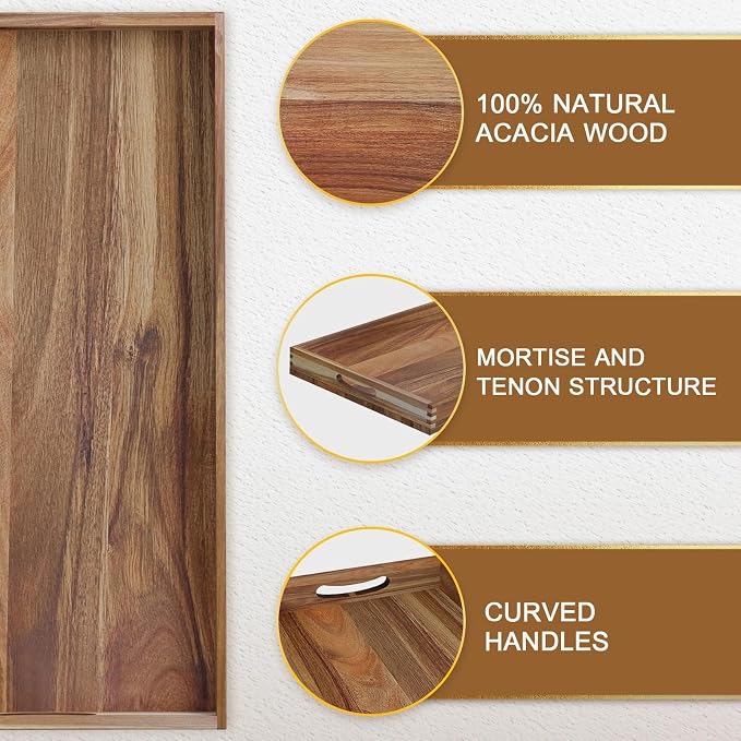 Extra Large Ottoman Tray, 40 x 20 inches Acacia Wood Serving Tray | Rectangle Wooden Decorative Tray with Handles, Oversized Coffee Table Tray, Serving Platter Tray for Living Room, Breakfast