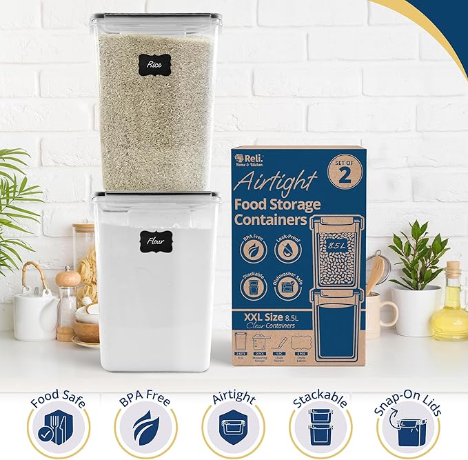 Reli. Airtight Food Storage Containers Stackable 8.5L Flour Sugar (2 Pack) | Pantry Storage, XXL, Freshness Seal, Dry Goods, See-Through, Labels, 2 Measuring Cups, BPA Free, Leak-Proof, Reusable