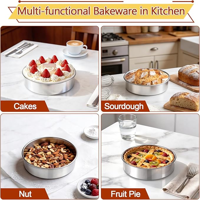 P&P CHEF 7 Inch Cake Pan Set of 4, Stainless Steel Round Cake Baking Pan | Layer Cake Tin Bakeware for Cooking Steaming, Ideal for Birthday Wedding Anniversary, Fit for Home & Commercial Use