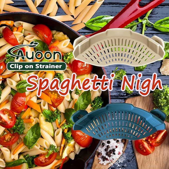 AUOON Pasta Strainer Clip on Silicone, Standard 8.86 x 3.55 in, Fog Blue | BPA-free, Fits All Pots Pans Bowls, Dishwasher Safe, for Meat Noodles Vegetable Fruits, Space-saving Kitchen Gadget